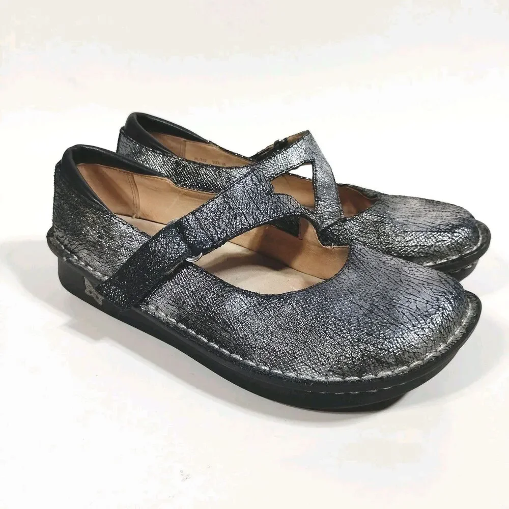 Alegria Womens Size 38 US 7.5 Onyx Crackle Jill Metallic Mary Jane JIL-752